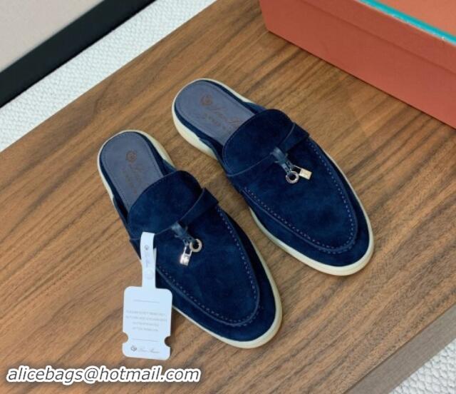 Good Quality Loro Piana Suede Flat Mules Deep Blue 812044