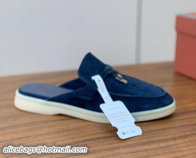 Good Quality Loro Piana Suede Flat Mules Deep Blue 812044