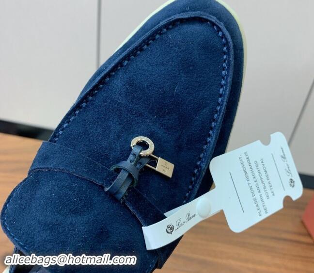 Good Quality Loro Piana Suede Flat Mules Deep Blue 812044