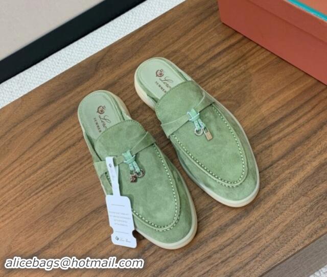 Top Grade Loro Piana Suede Flat Mules Leaf Green 812046