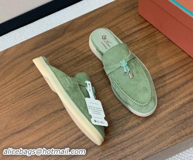 Top Grade Loro Piana Suede Flat Mules Leaf Green 812046