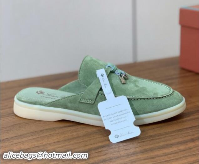 Top Grade Loro Piana Suede Flat Mules Leaf Green 812046