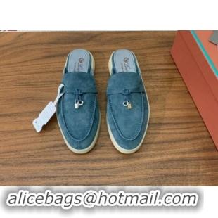 Best Product Loro Piana Suede Flat Mules Fog Blue 812048