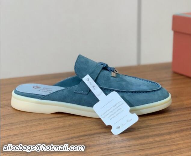 Best Product Loro Piana Suede Flat Mules Fog Blue 812048