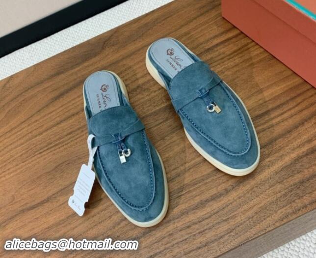 Best Product Loro Piana Suede Flat Mules Fog Blue 812048