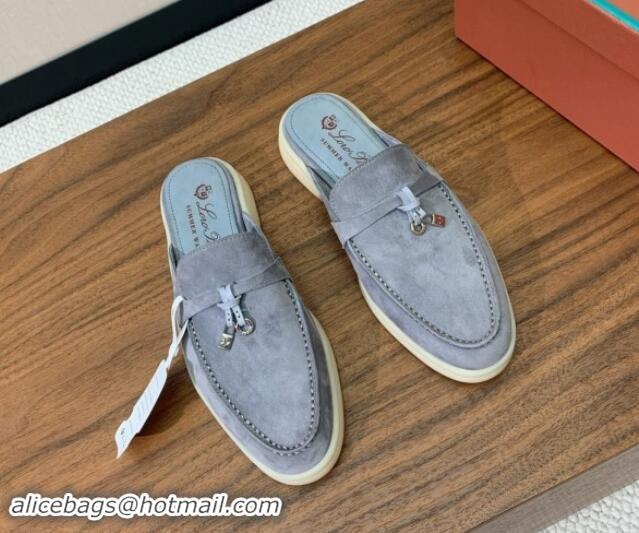 Popular Style Loro Piana Suede Flat Mules Dark Grey 812050