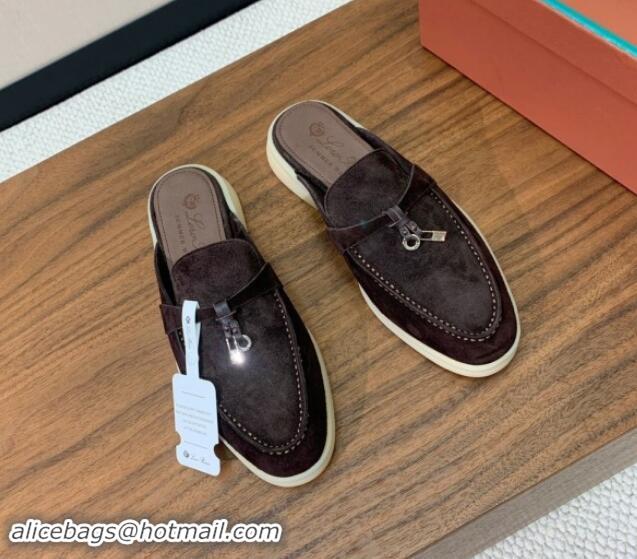 Fashion Luxury Loro Piana Suede Flat Mules Coffee Brown 812051