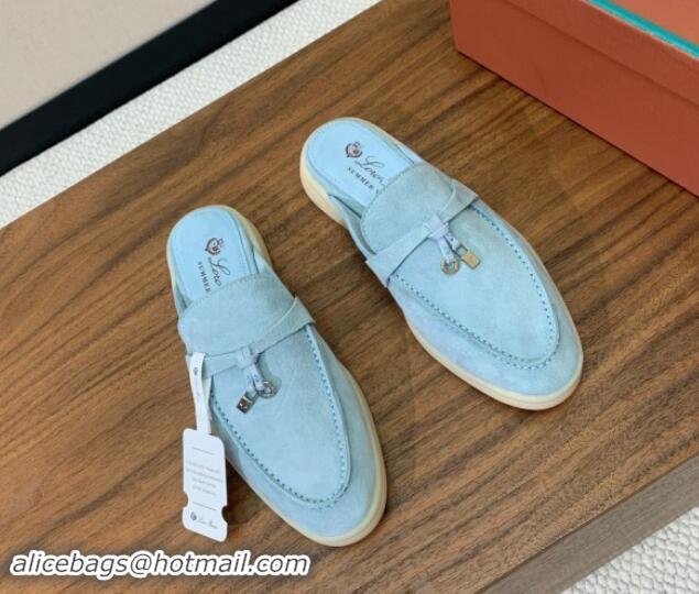 Top Design Loro Piana Suede Flat Mules Light Blue 812055