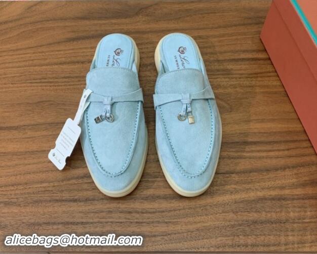 Top Design Loro Piana Suede Flat Mules Light Blue 812055