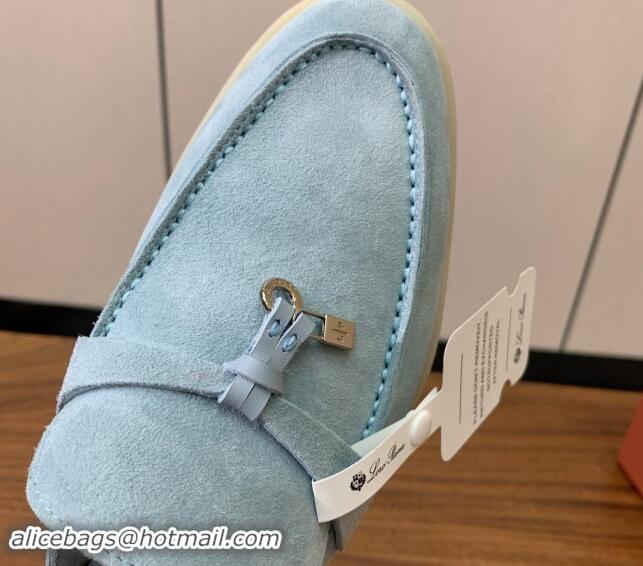 Top Design Loro Piana Suede Flat Mules Light Blue 812055