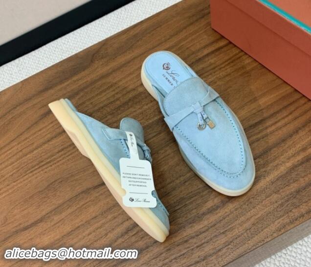 Top Design Loro Piana Suede Flat Mules Light Blue 812055