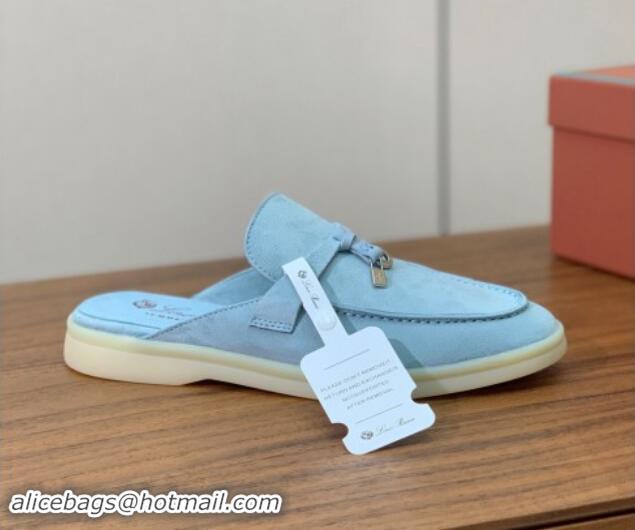 Top Design Loro Piana Suede Flat Mules Light Blue 812055