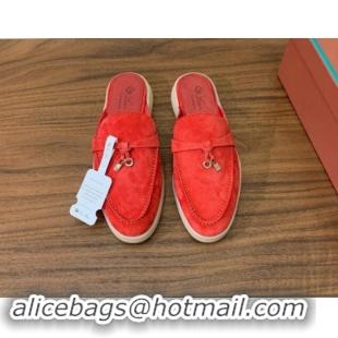 Grade Quality Loro Piana Suede Flat Mules Watermelon Red 812058