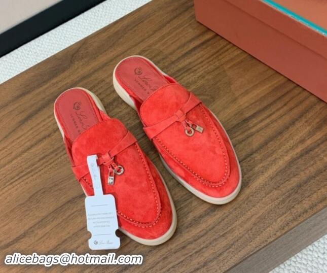 Grade Quality Loro Piana Suede Flat Mules Watermelon Red 812058