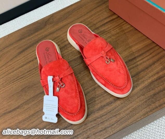 Grade Quality Loro Piana Suede Flat Mules Watermelon Red 812058