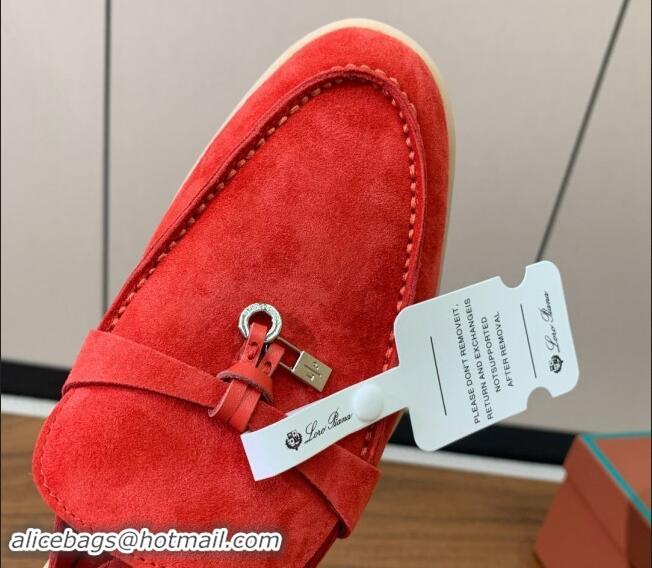 Grade Quality Loro Piana Suede Flat Mules Watermelon Red 812058