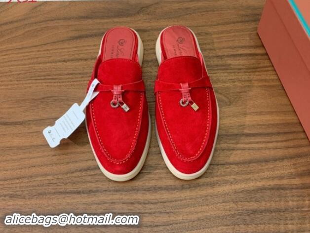 Best Price Loro Piana Suede Flat Mules Bright Red 812061