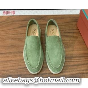 Stylish Loro Piana Suede Flat Loafers Leaf Green 812070