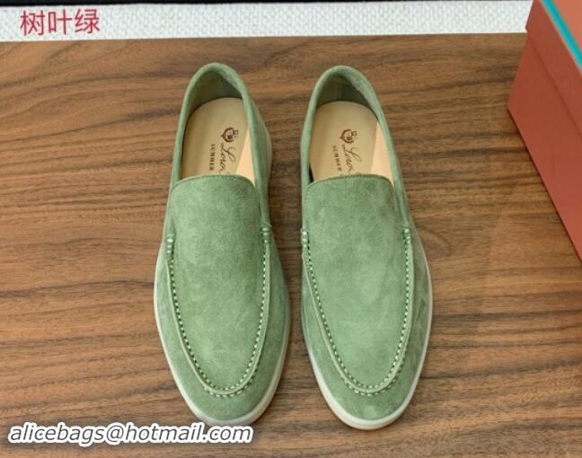 Stylish Loro Piana Suede Flat Loafers Leaf Green 812070