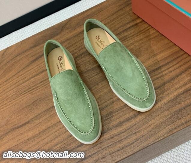 Stylish Loro Piana Suede Flat Loafers Leaf Green 812070