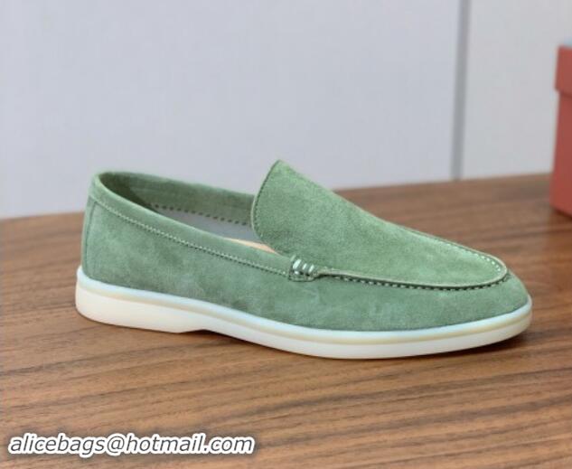 Stylish Loro Piana Suede Flat Loafers Leaf Green 812070