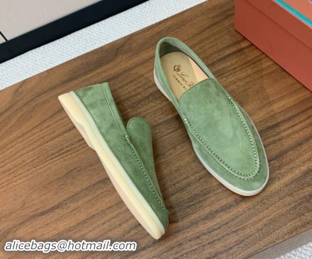 Stylish Loro Piana Suede Flat Loafers Leaf Green 812070