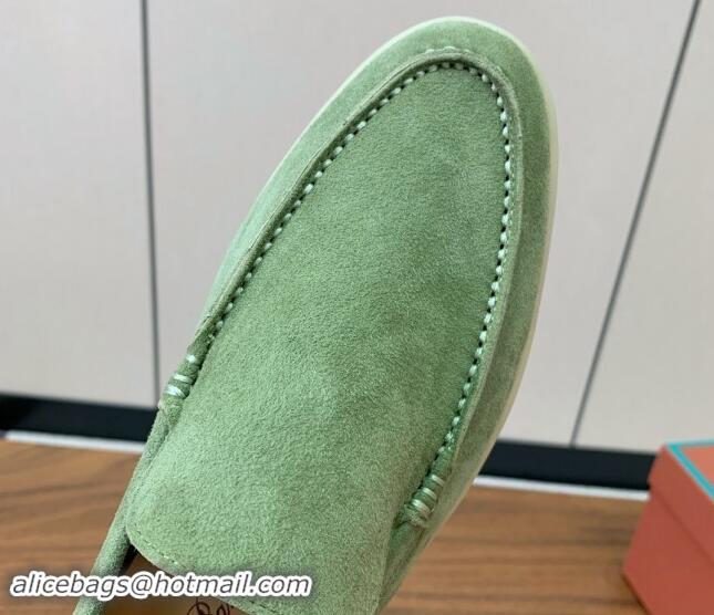 Stylish Loro Piana Suede Flat Loafers Leaf Green 812070