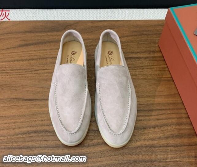 Buy Luxury Loro Piana Suede Flat Loafers Light Grey 812073