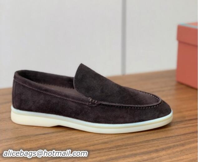 Good Quality Loro Piana Suede Flat Loafers Cofee Brown 812074