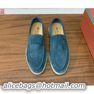 Grade Quality Loro Piana Suede Flat Loafers Fog Blue 812076