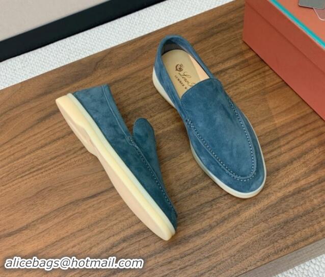 Grade Quality Loro Piana Suede Flat Loafers Fog Blue 812076