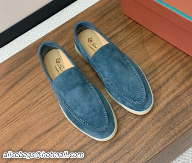 Grade Quality Loro Piana Suede Flat Loafers Fog Blue 812076