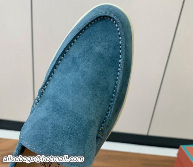 Grade Quality Loro Piana Suede Flat Loafers Fog Blue 812076