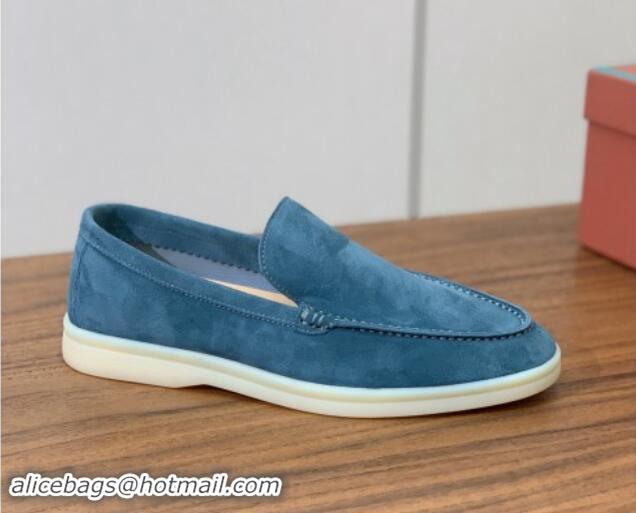 Grade Quality Loro Piana Suede Flat Loafers Fog Blue 812076