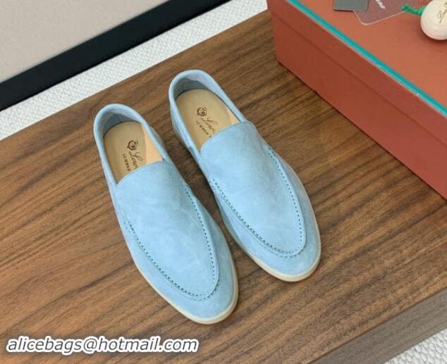 Low Price Loro Piana Suede Flat Loafers Light Blue 812077