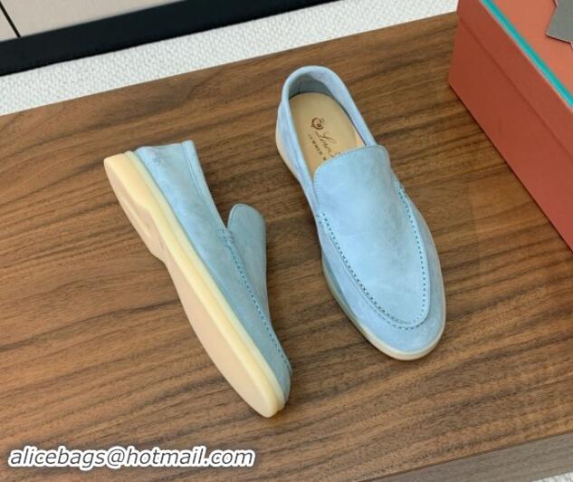 Low Price Loro Piana Suede Flat Loafers Light Blue 812077