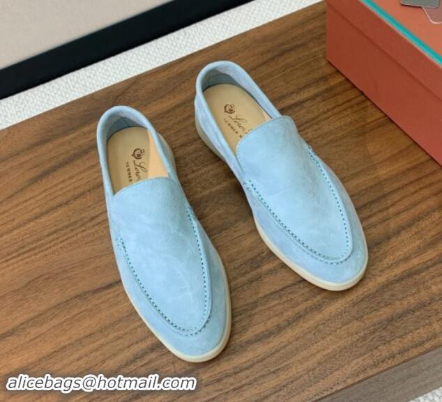 Low Price Loro Piana Suede Flat Loafers Light Blue 812077