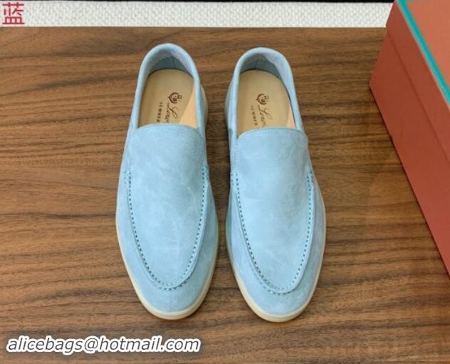 Low Price Loro Piana Suede Flat Loafers Light Blue 812077