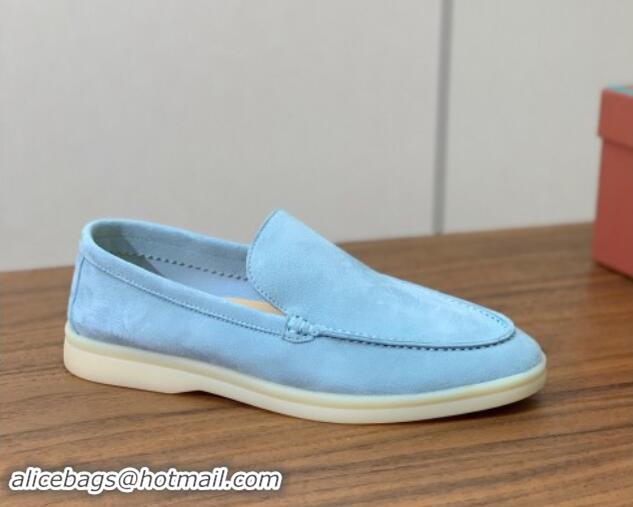 Low Price Loro Piana Suede Flat Loafers Light Blue 812077