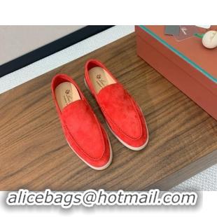 Best Product Loro Piana Suede Flat Loafers Watermelon Red 812082