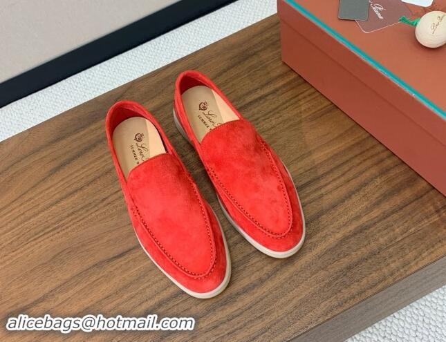 Best Product Loro Piana Suede Flat Loafers Watermelon Red 812082