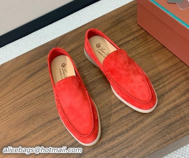 Best Product Loro Piana Suede Flat Loafers Watermelon Red 812082