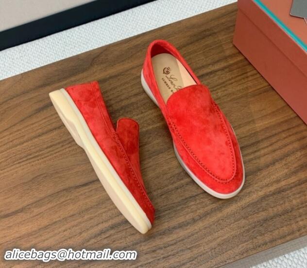 Best Product Loro Piana Suede Flat Loafers Watermelon Red 812082