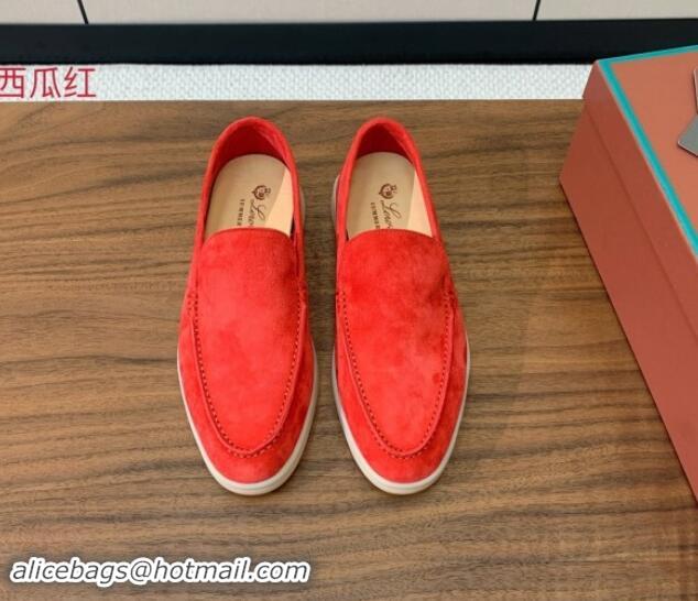 Best Product Loro Piana Suede Flat Loafers Watermelon Red 812082