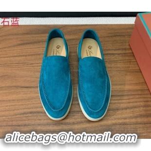 Top Design Loro Piana Suede Flat Loafers Stone Blue 812083