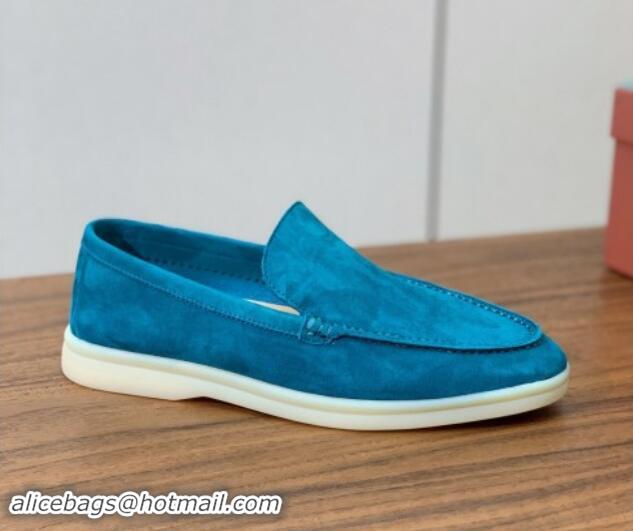 Top Design Loro Piana Suede Flat Loafers Stone Blue 812083