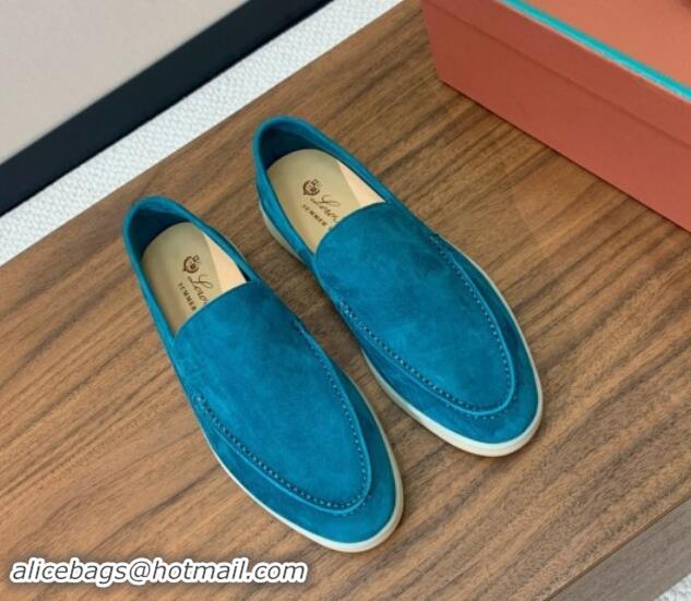 Top Design Loro Piana Suede Flat Loafers Stone Blue 812083