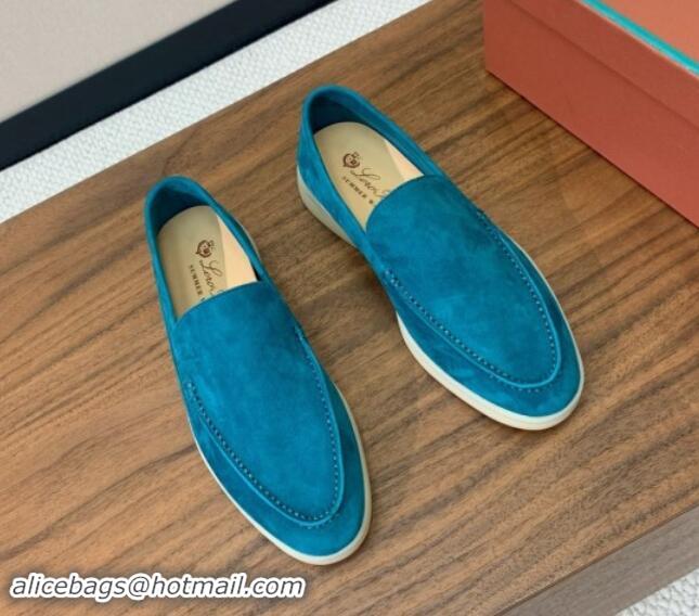 Top Design Loro Piana Suede Flat Loafers Stone Blue 812083