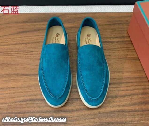 Top Design Loro Piana Suede Flat Loafers Stone Blue 812083