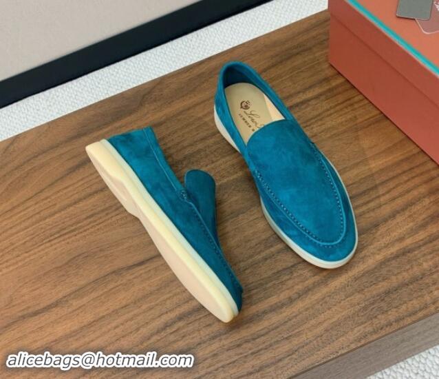 Top Design Loro Piana Suede Flat Loafers Stone Blue 812083